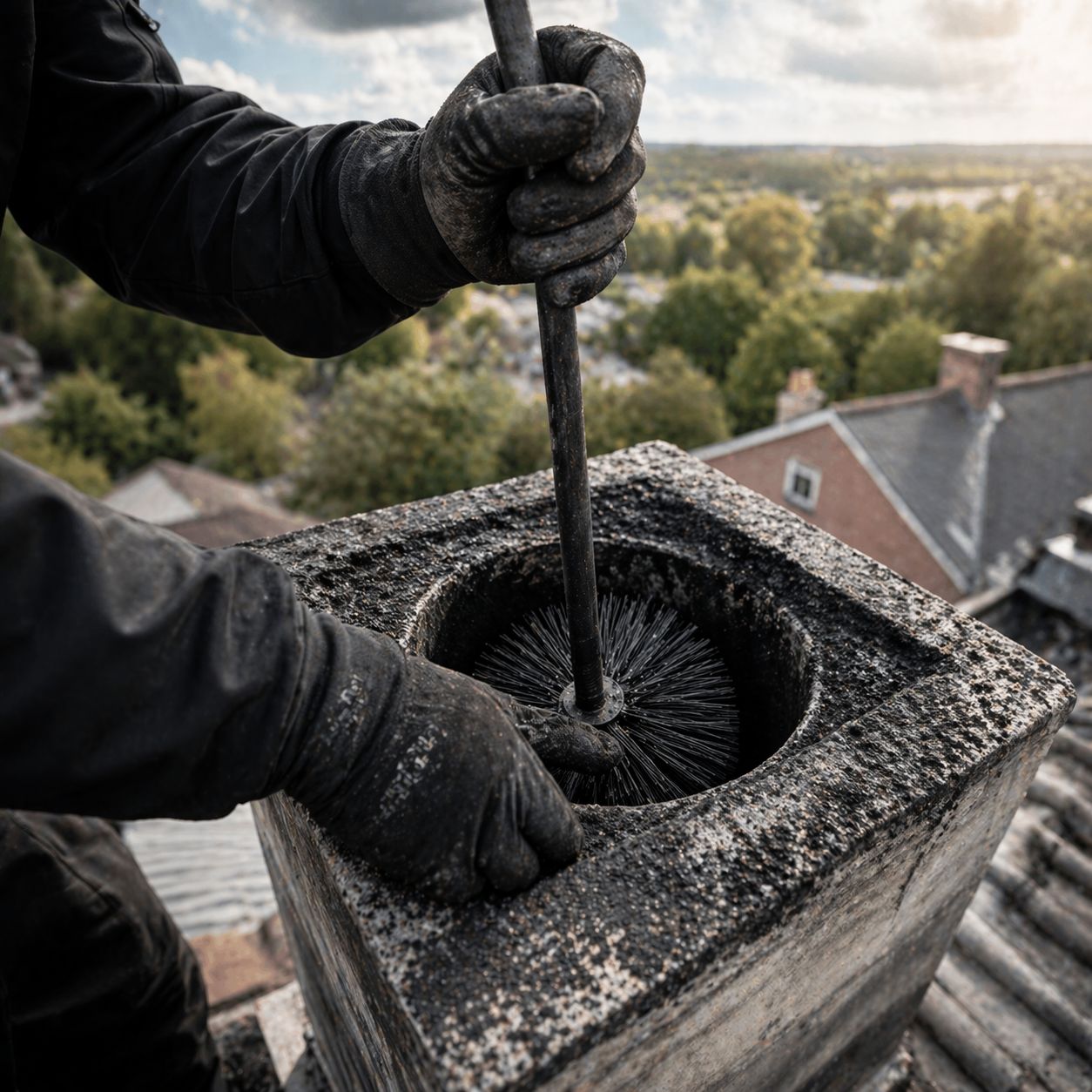 Professional chimney sweep on roof in Frederick MD